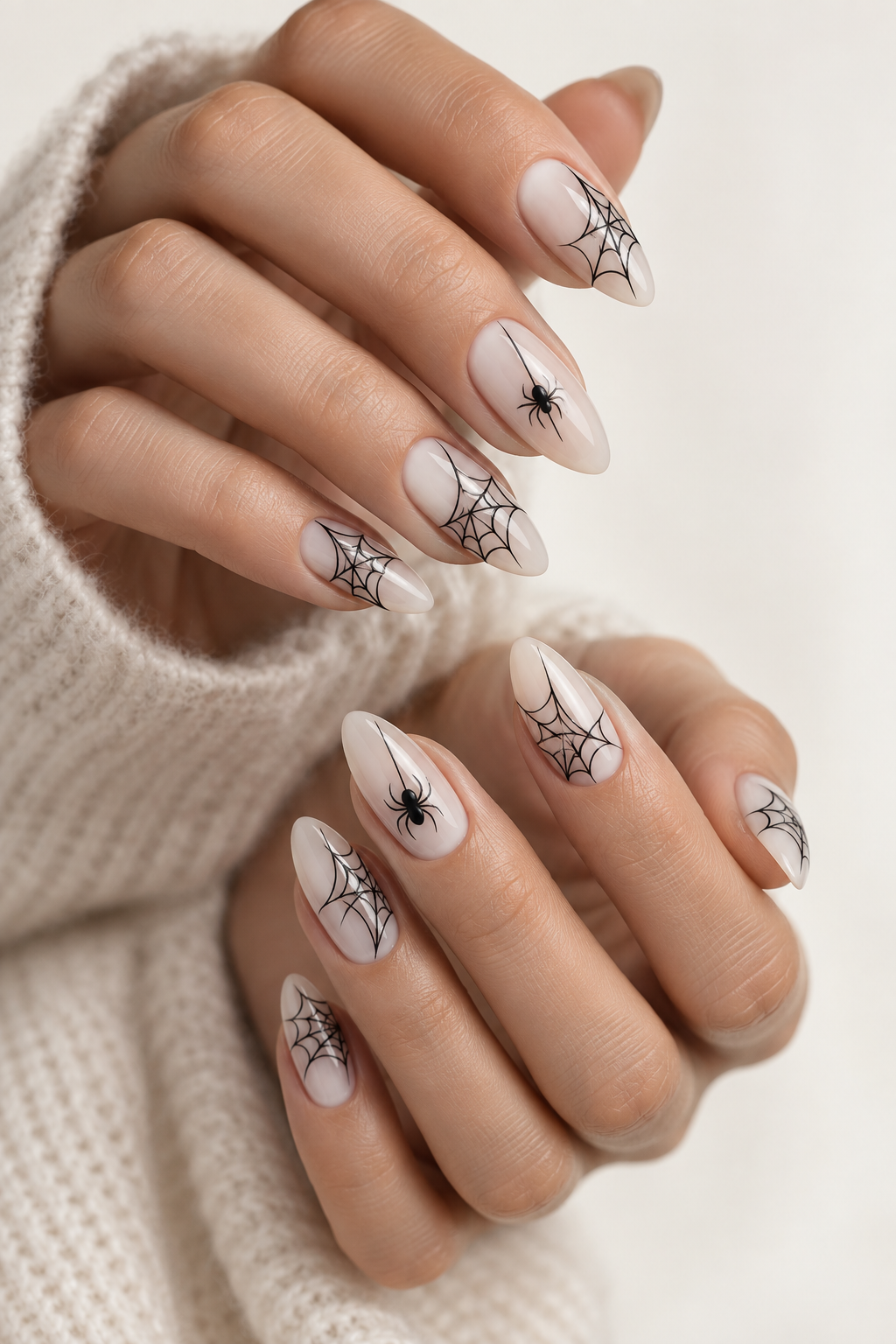 halloween nails with spiders: spiderweb french manicure