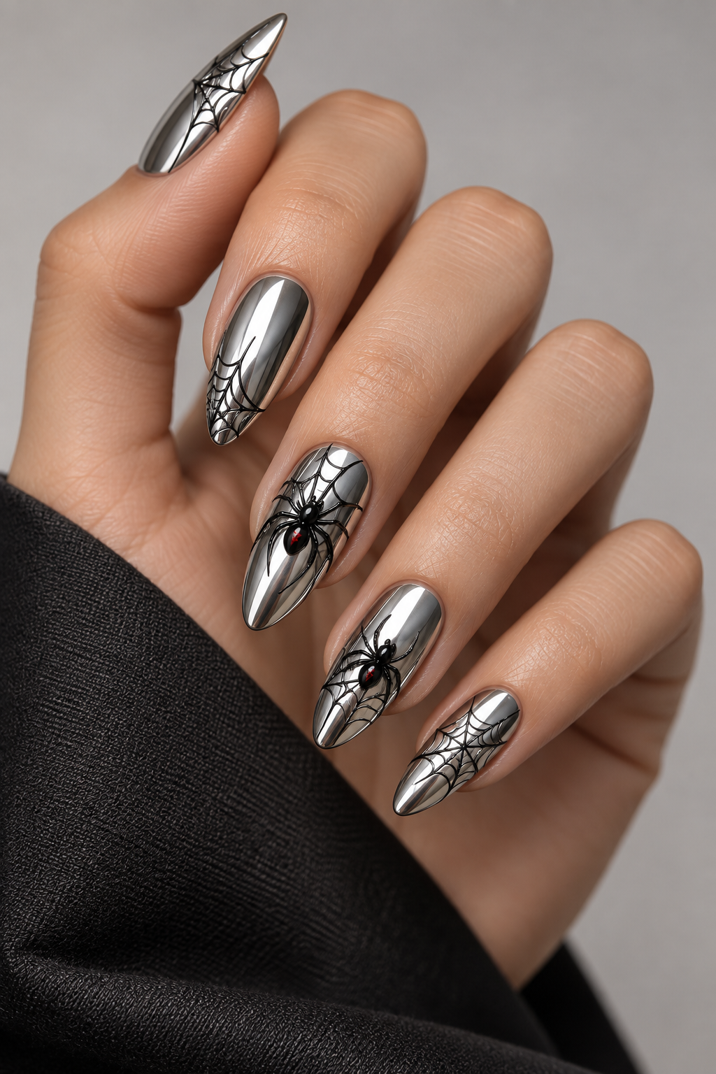 halloween nails with spiders: matte charcoal with glossy webs