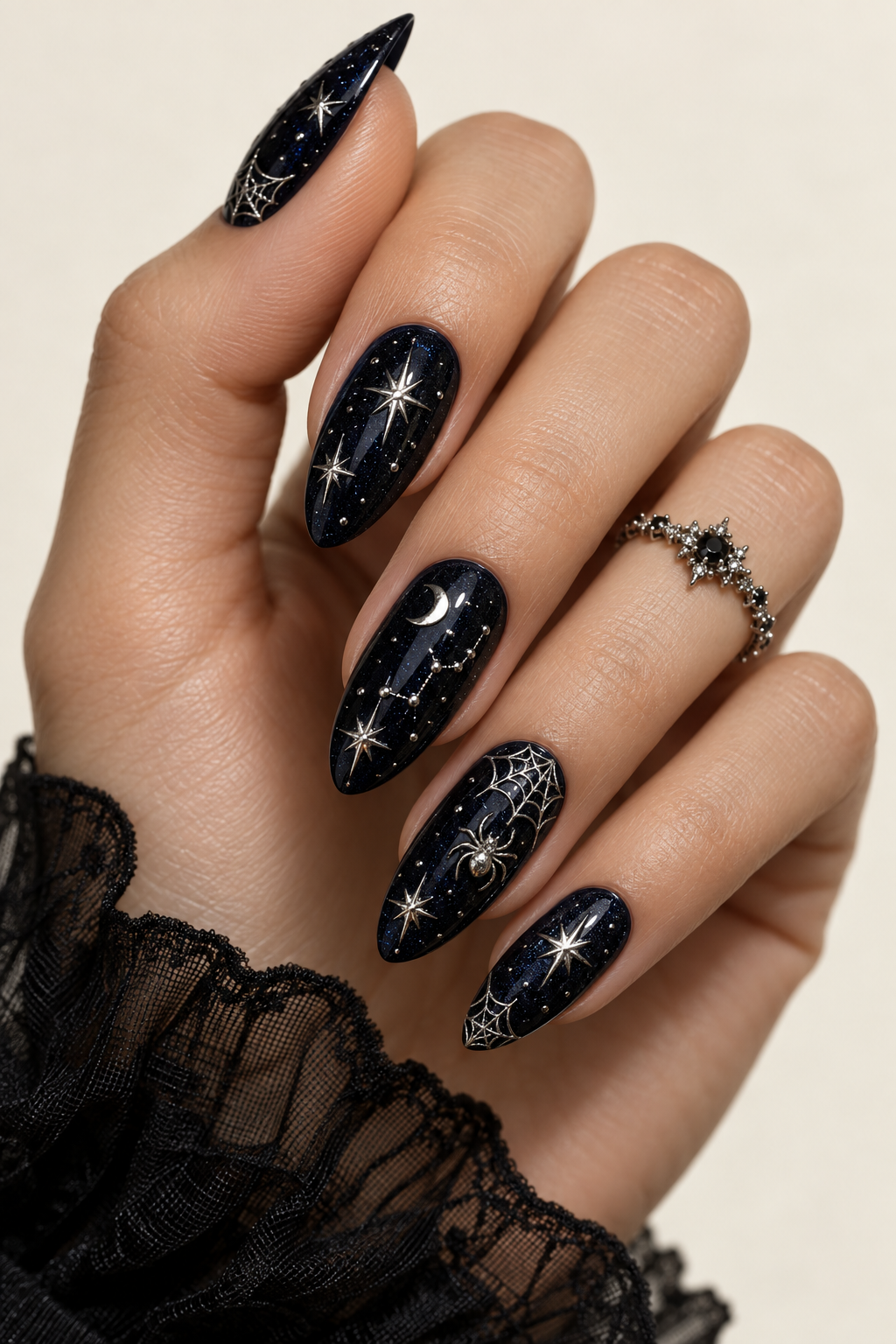 halloween nails with spiders: minimal single-spider manicure
