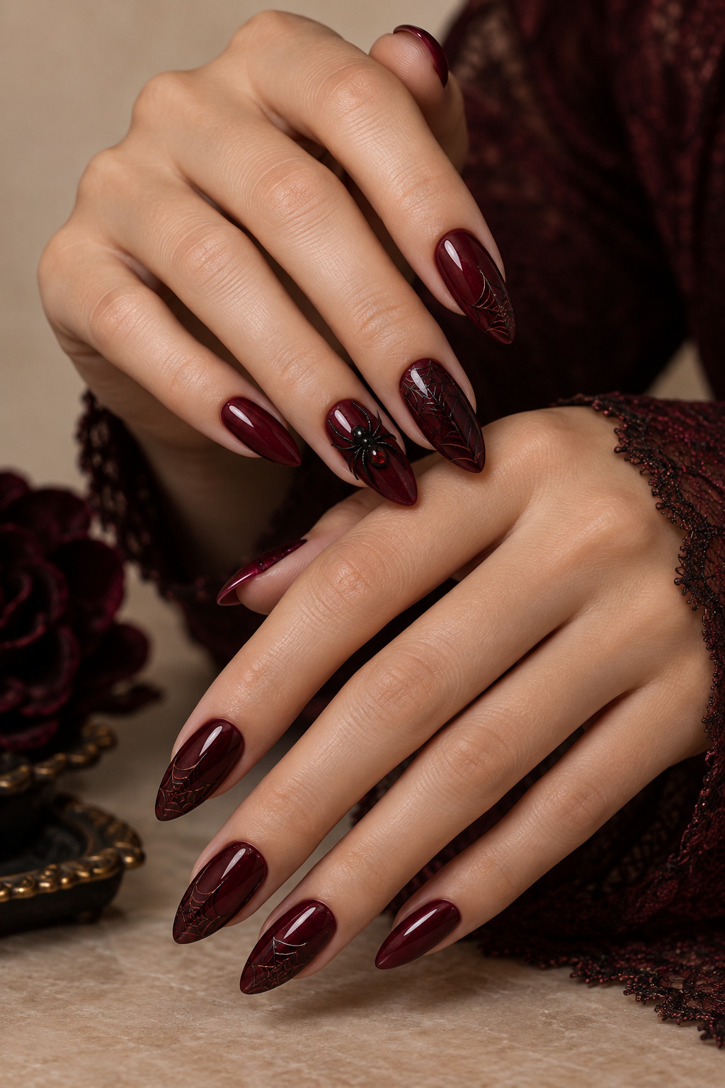 halloween nails with spiders: black-and-orange checkerboard