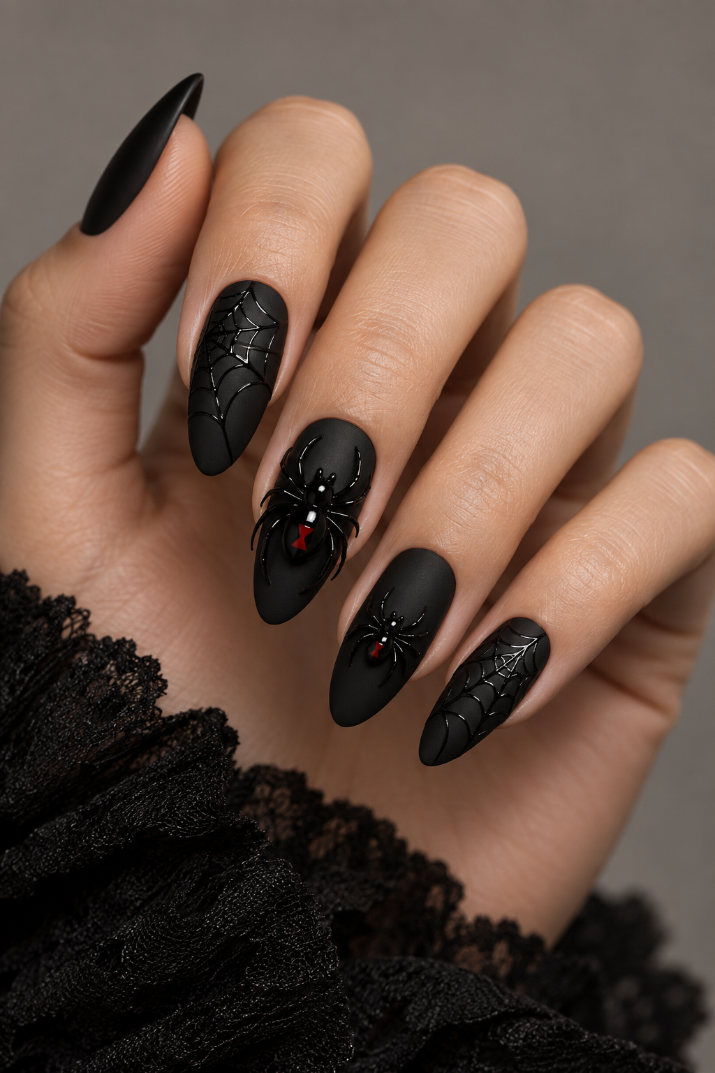 halloween nails with spiders: jewel-toned spider accents