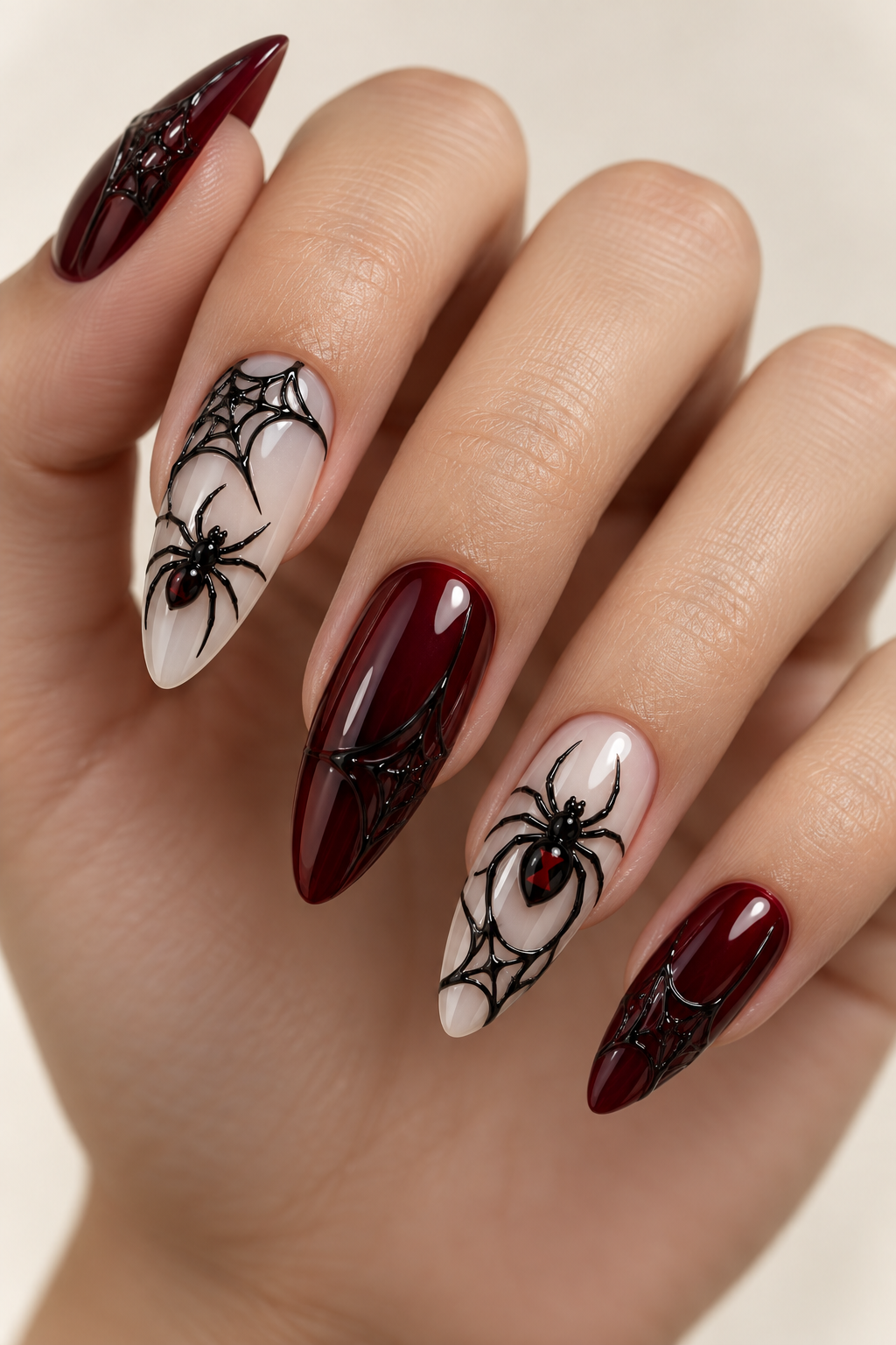 halloween nails with spiders: long stiletto web manicure