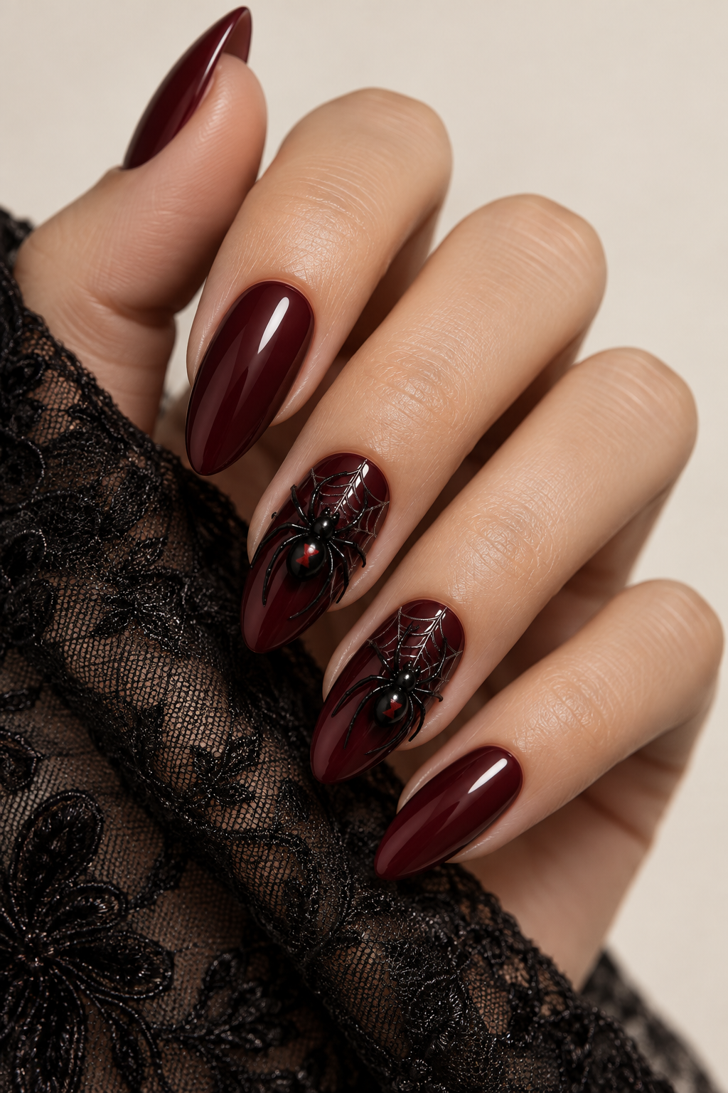 halloween nails with spiders: classic spooky-chic almond nails