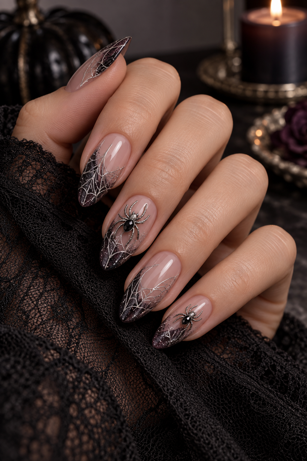 Tiny Silver Spiders on a Sheer Base