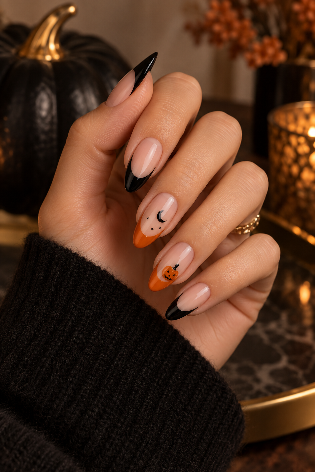 Black-and-Orange Halloween French Tips