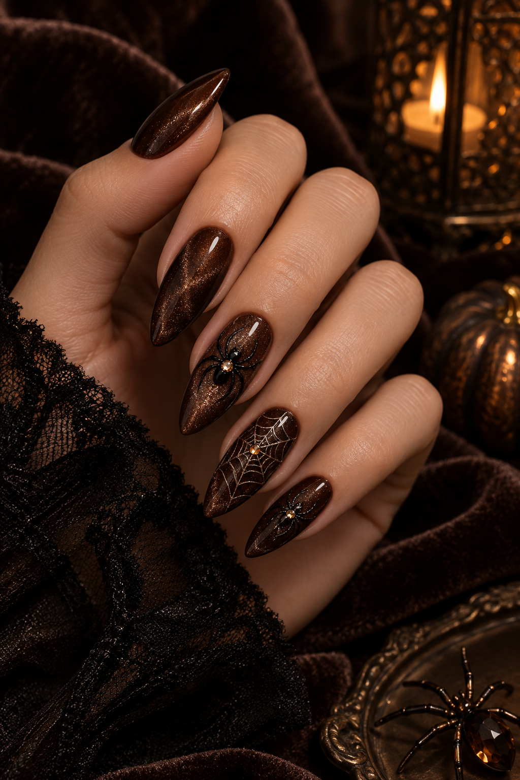 Velvet Chocolate Nails with Spider Accents