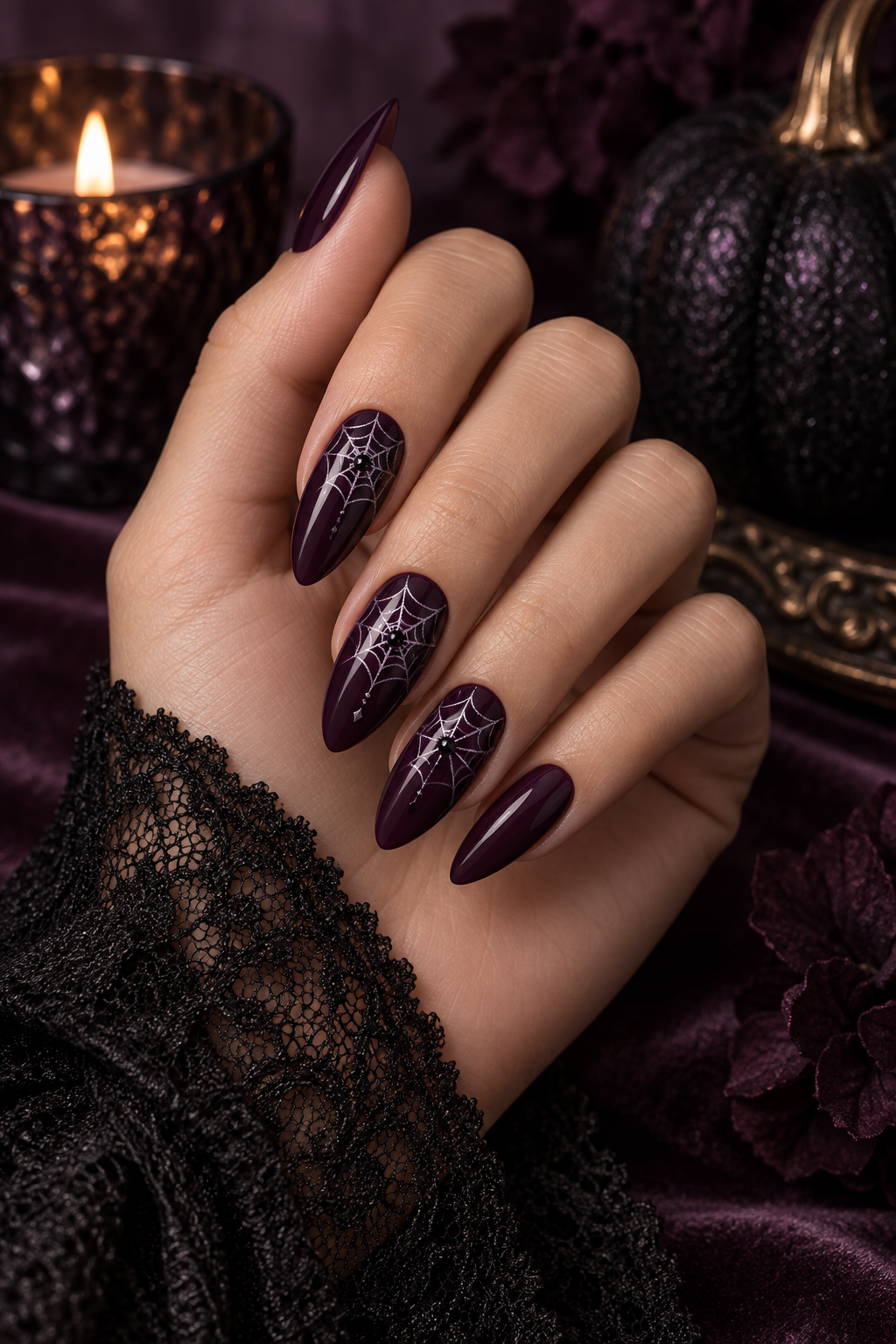 Moody Plum Nails with Fine Web Lines