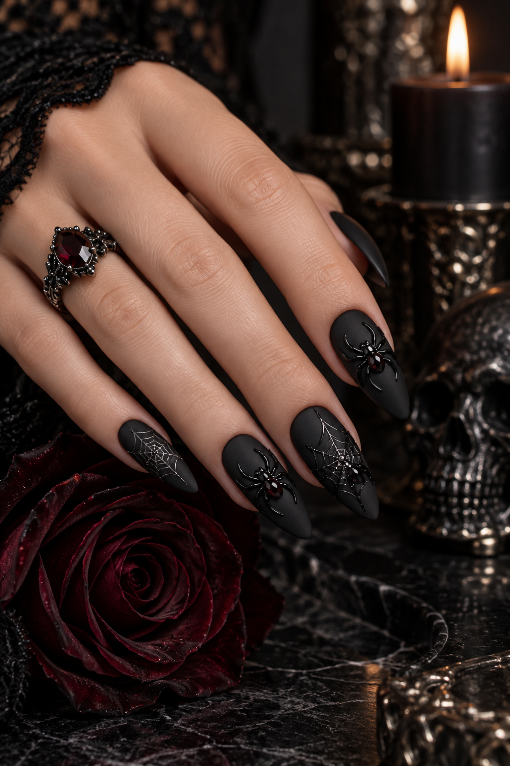 Matte Black Nails with Glossy Spiders