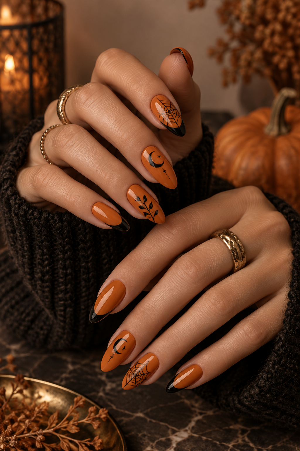 Pumpkin Orange Nails with Dark Details