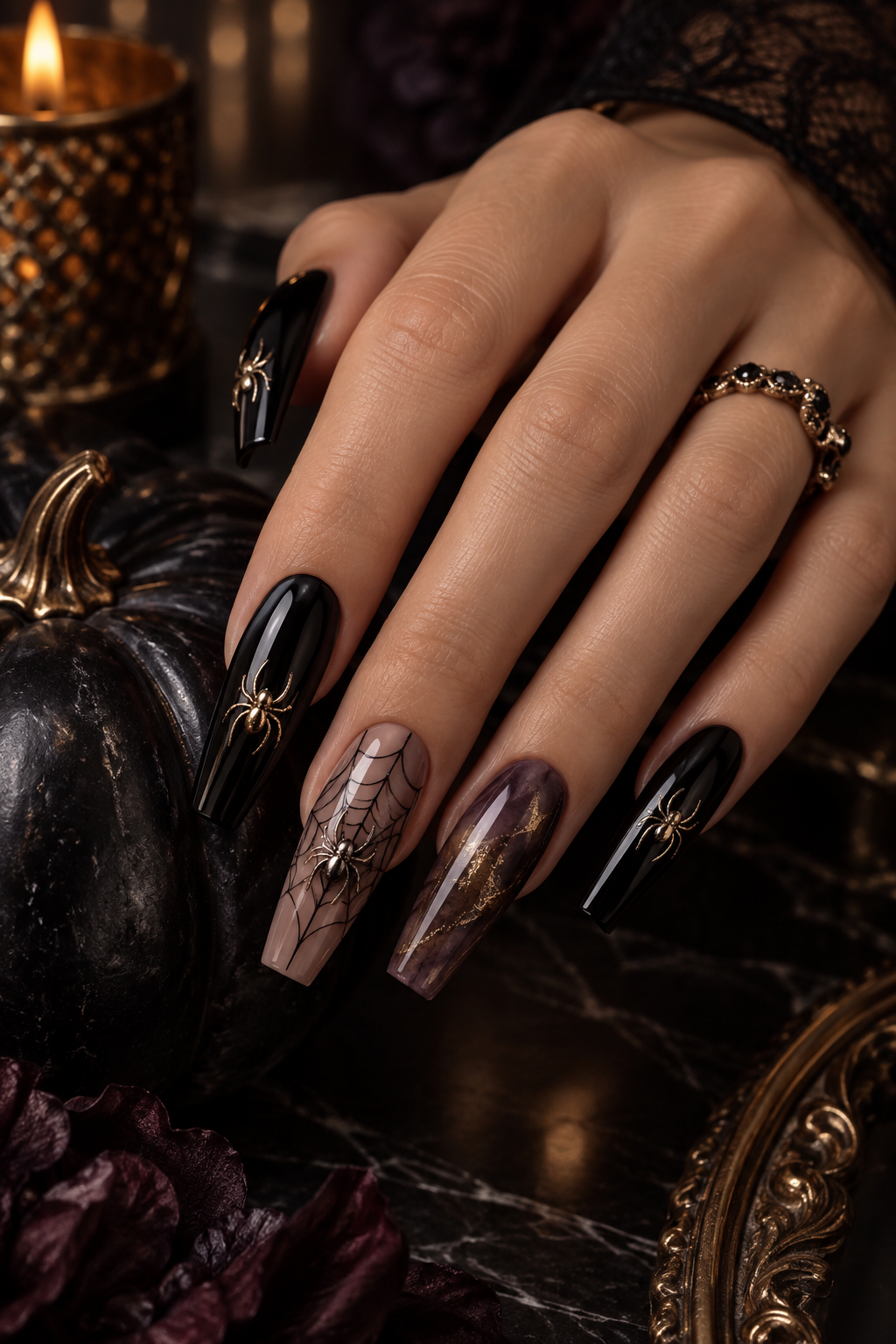 Coffin Nails with Minimal Spider Charms