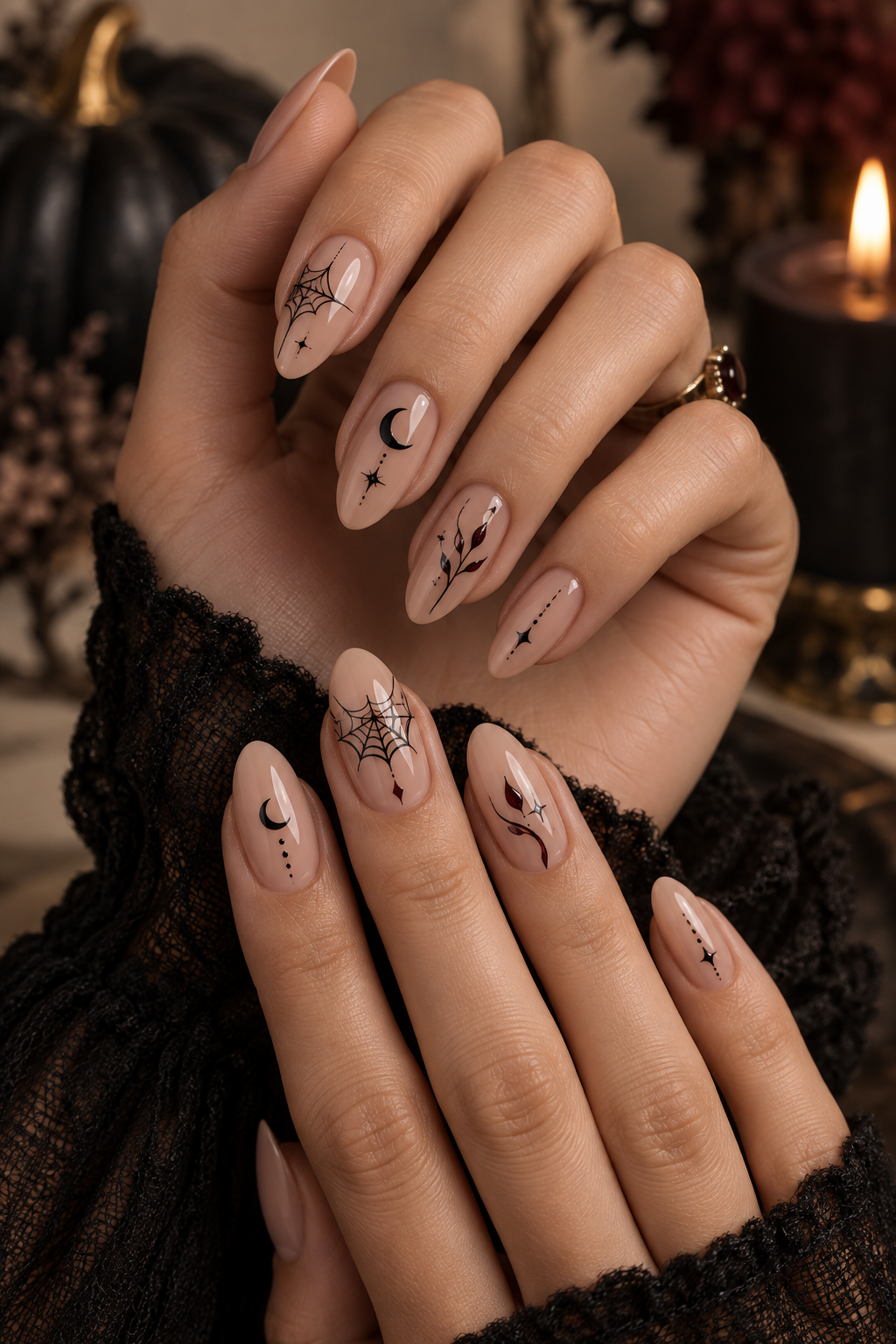 Soft Nude Nails with Black Micro-Art