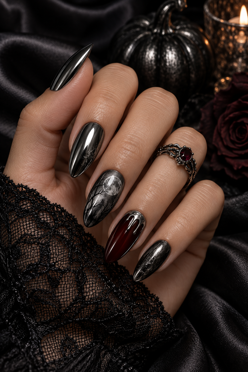 Chrome Charcoal Nails for Halloween