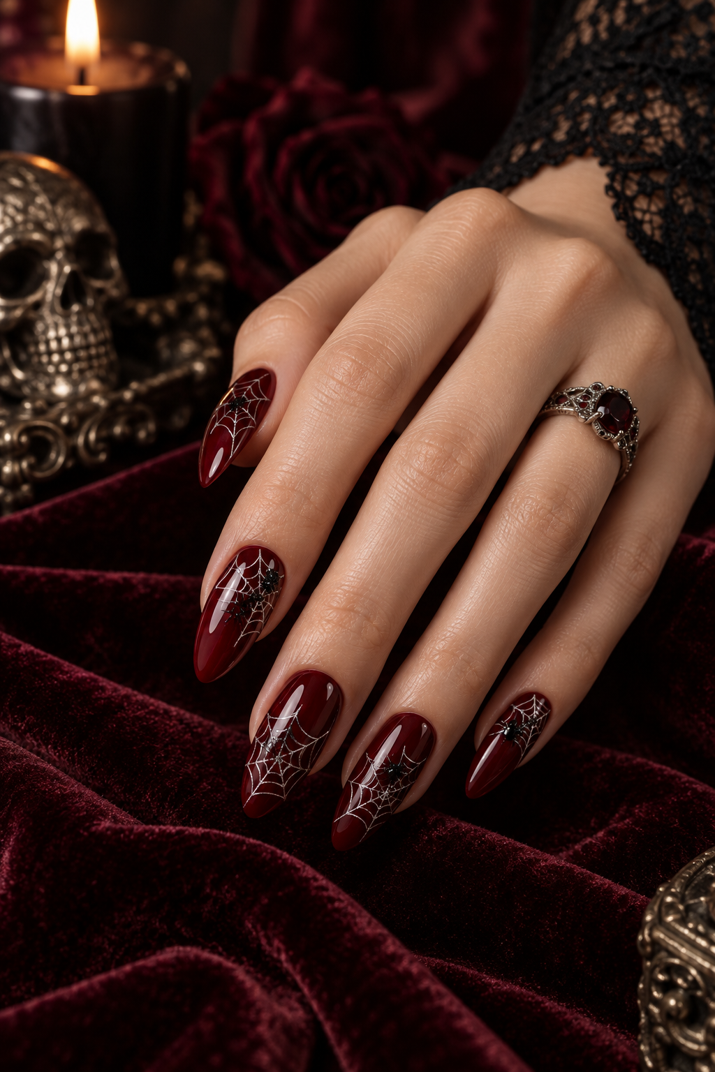 Deep Red Nails with Delicate Webs