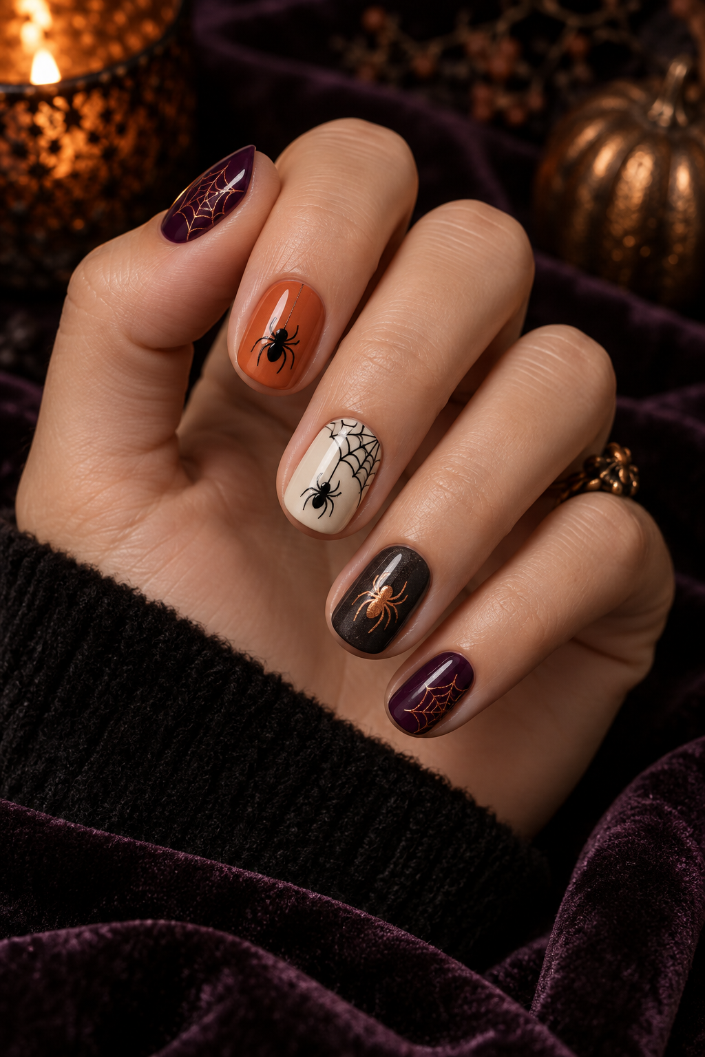 Short Round Nails with Tiny Spiders