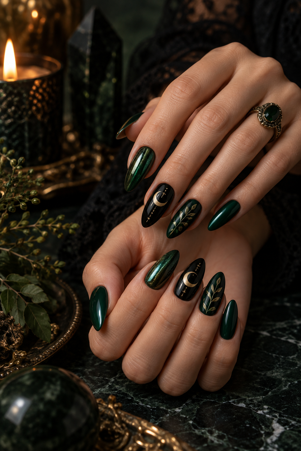 Witchy Green and Black Nails