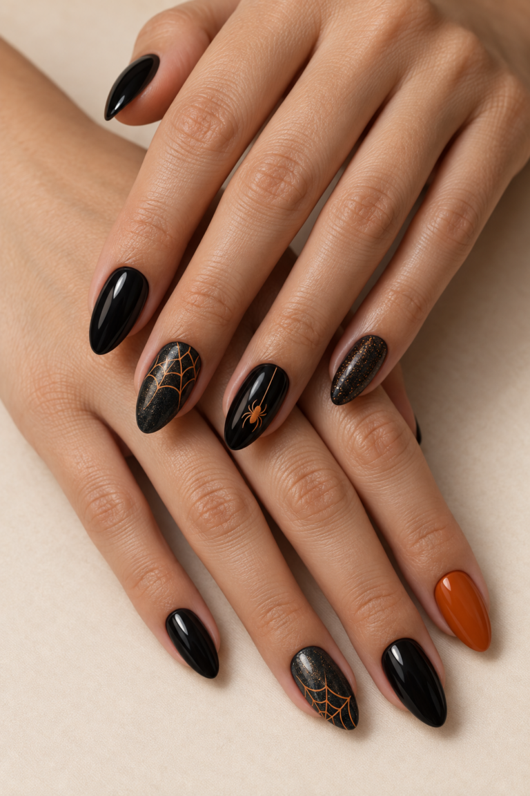 Spooky-chic spider Halloween manicure