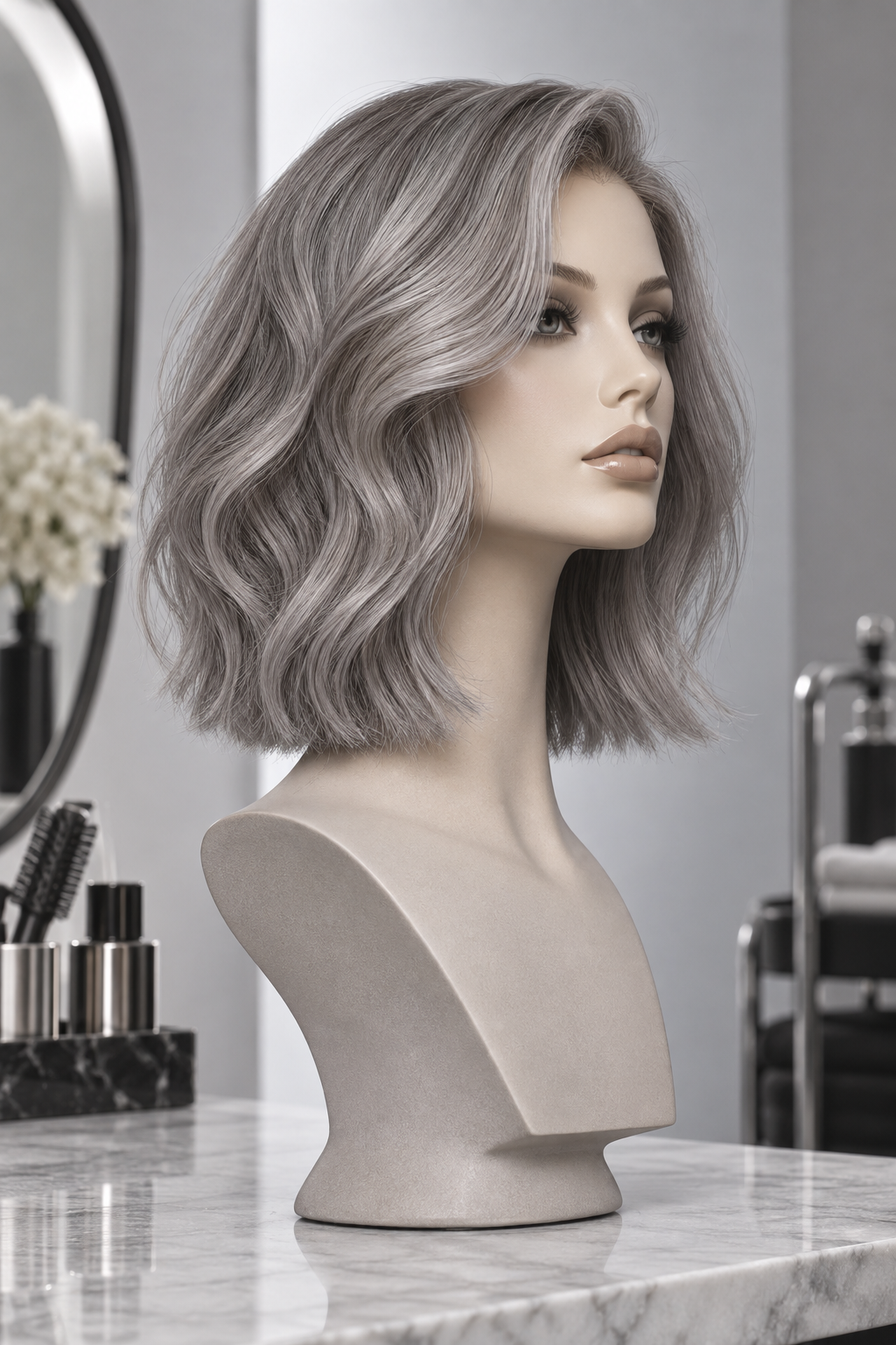gray lob haircut: soft gray waves