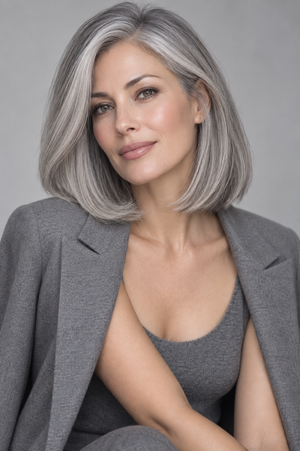gray lob haircut: sleek silver lob