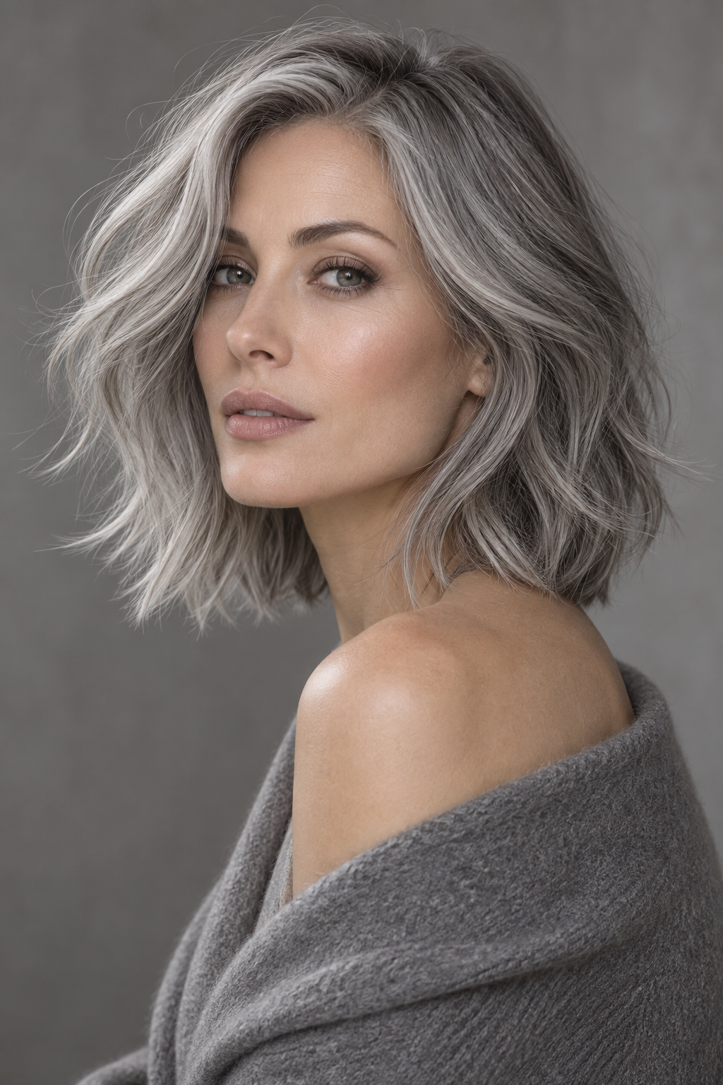 gray lob haircut: layered gray movement
