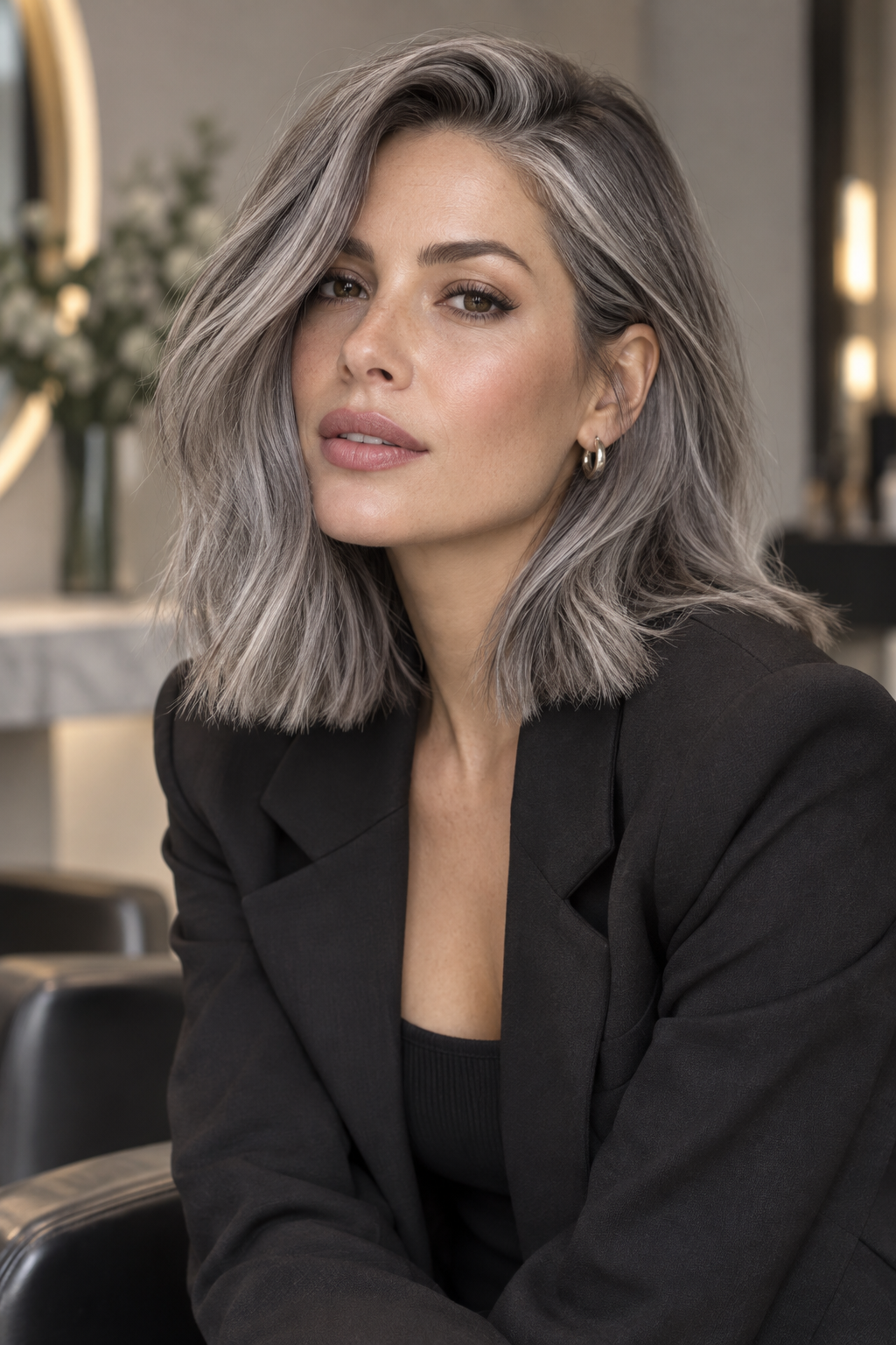 gray lob haircut: gray lob with side part