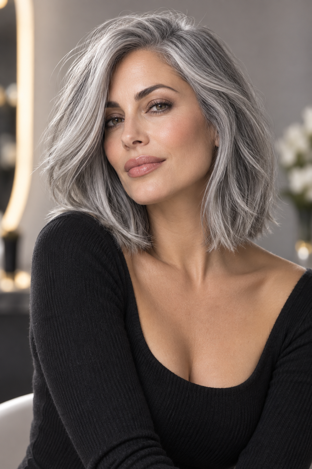 gray lob haircut: face-framing gray lob