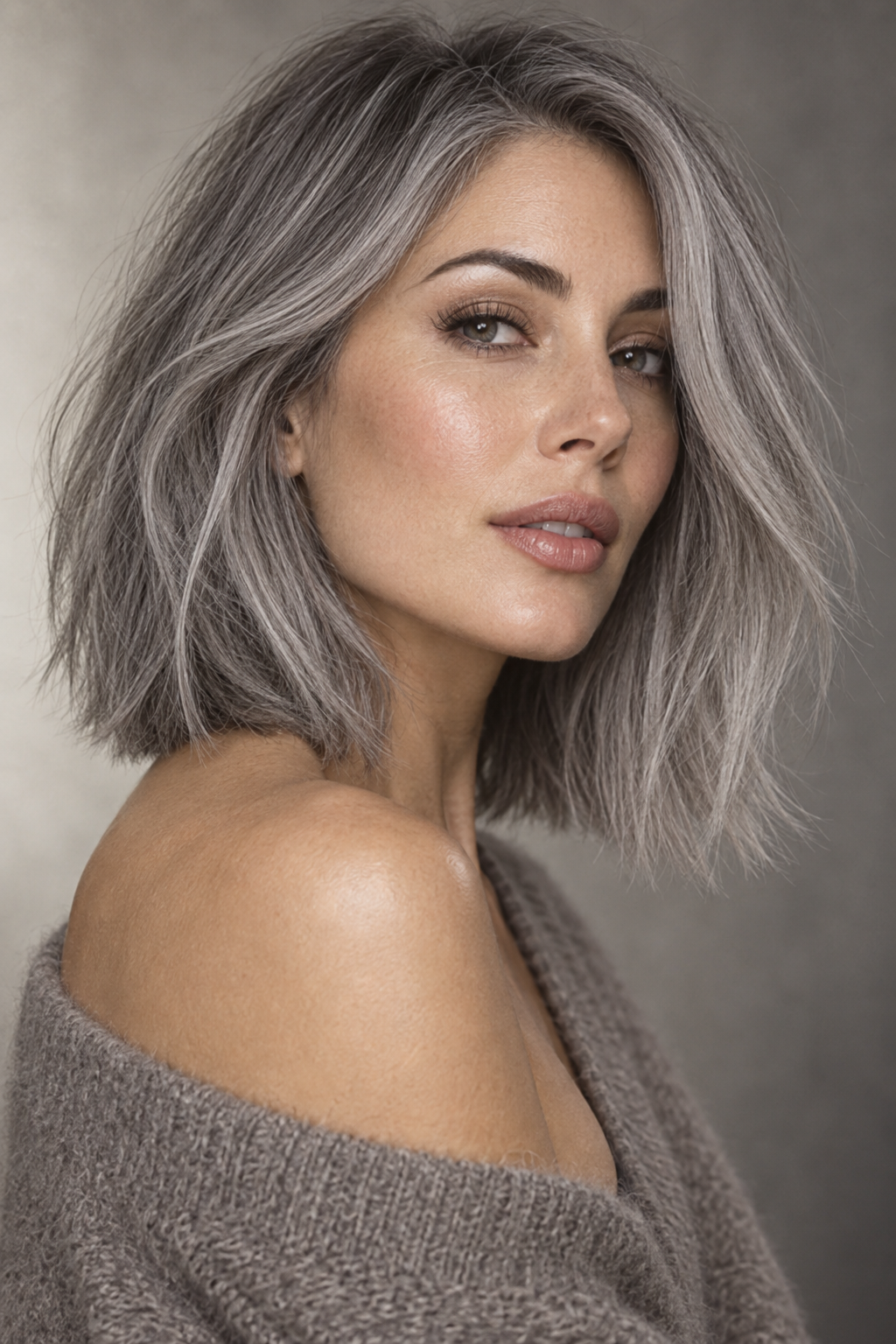 gray lob haircut: textured gray ends