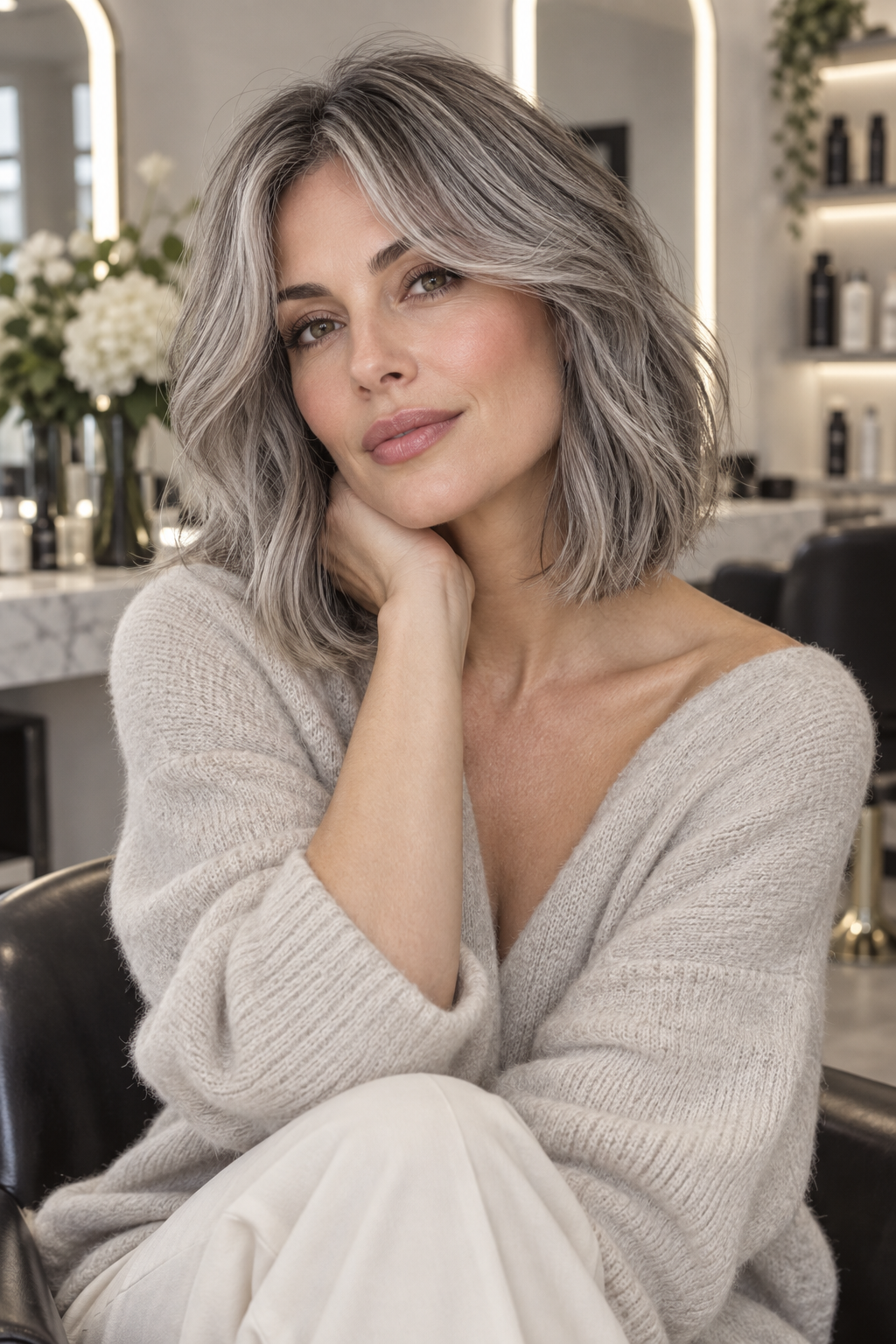 gray lob haircut: gray lob with curtain fringe