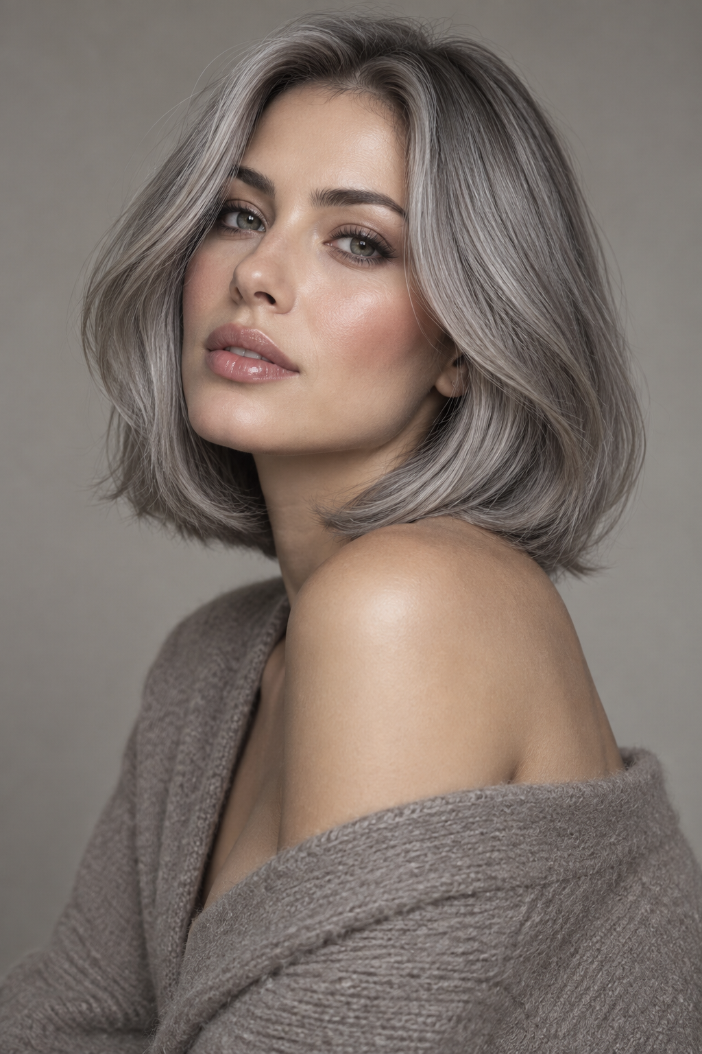 gray lob haircut: polished rounded lob