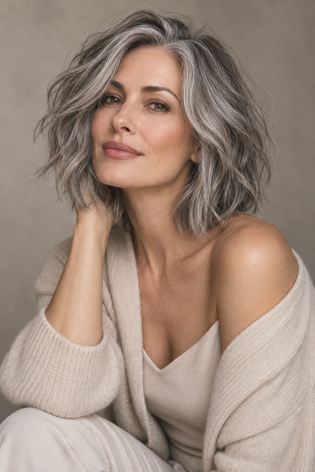 gray lob haircut: tousled gray dimension