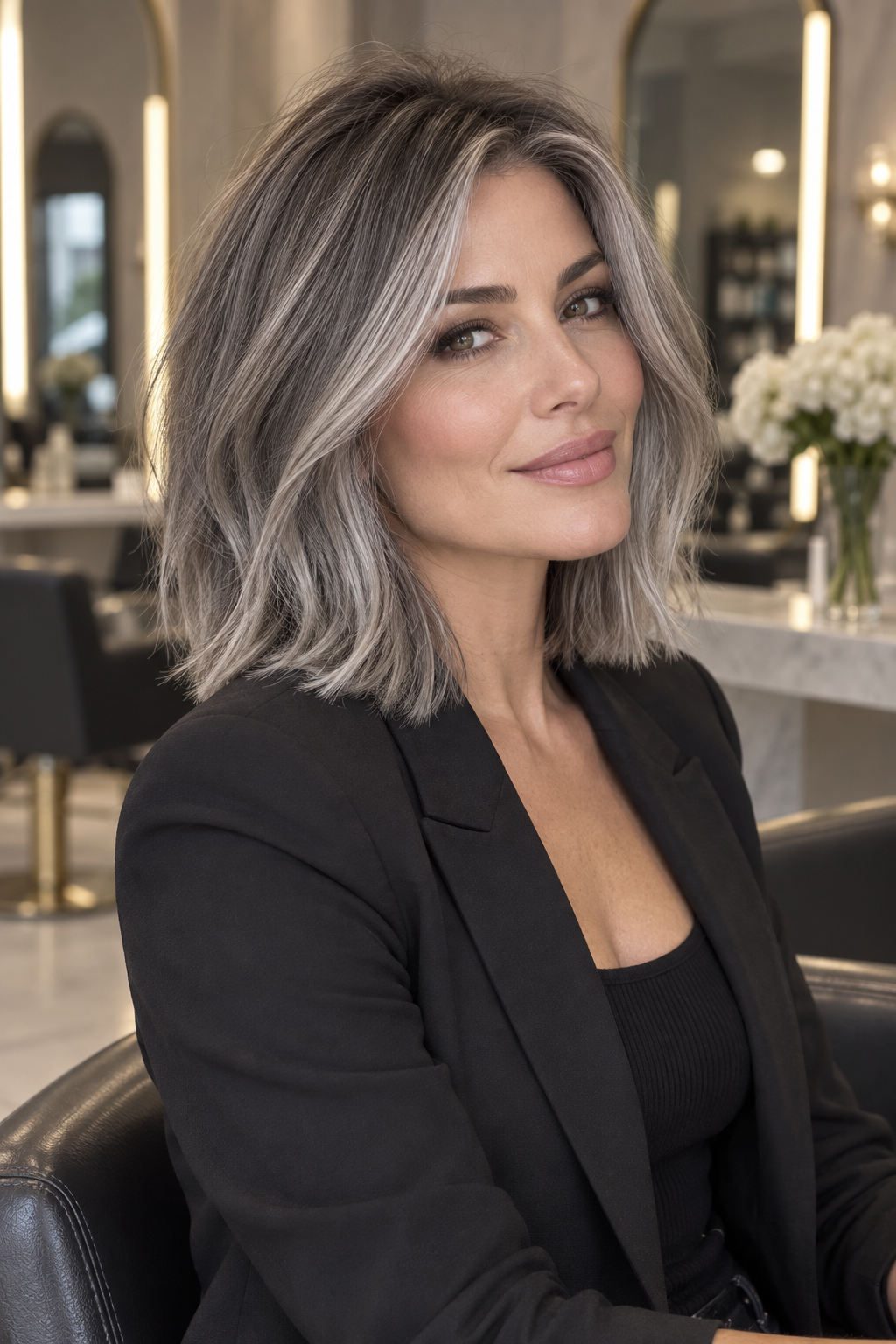 gray lob haircut: gray lob with subtle balayage