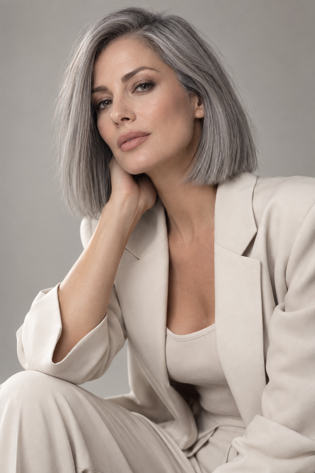 gray lob haircut: blunt gray lob