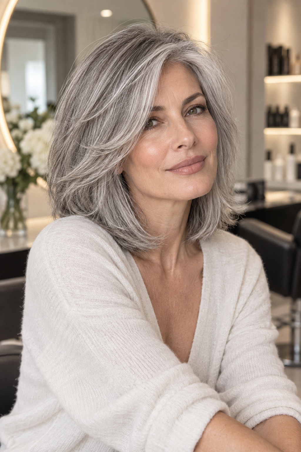 gray lob haircut: feathered gray lob