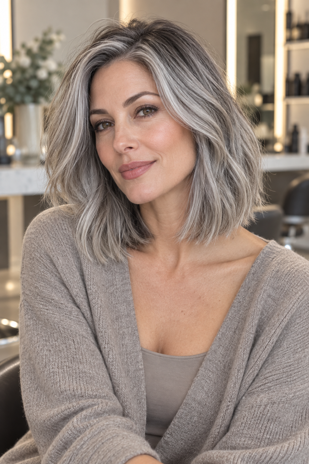 gray lob haircut: low-maintenance rooted gray