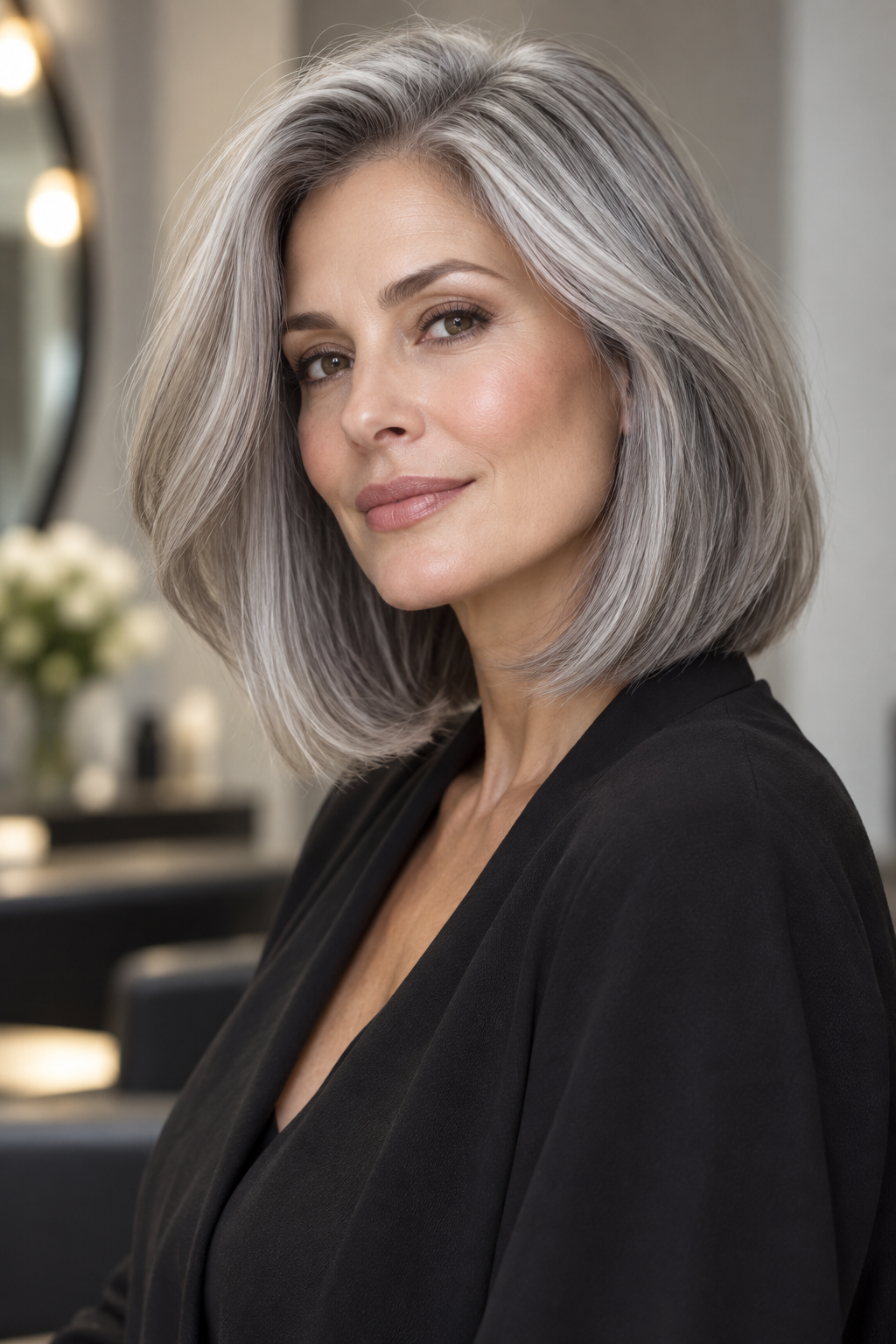 gray lob haircut: glossy gray lob