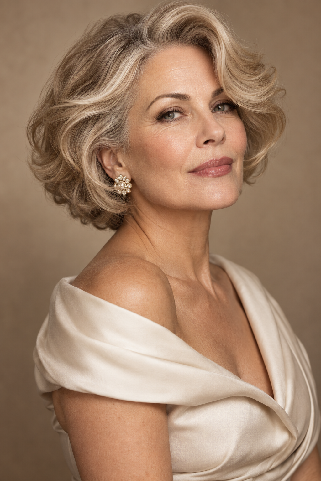 wavy bob with bangs: soft wavy stacked bob with vintage glam