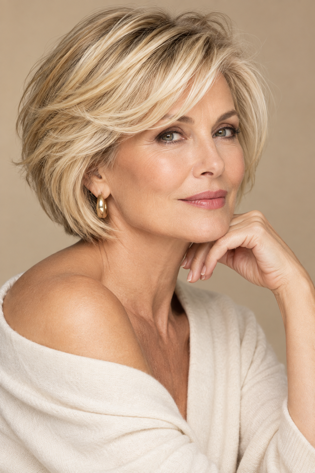 wavy bob with bangs: feathered blonde stacked bob with soft volume
