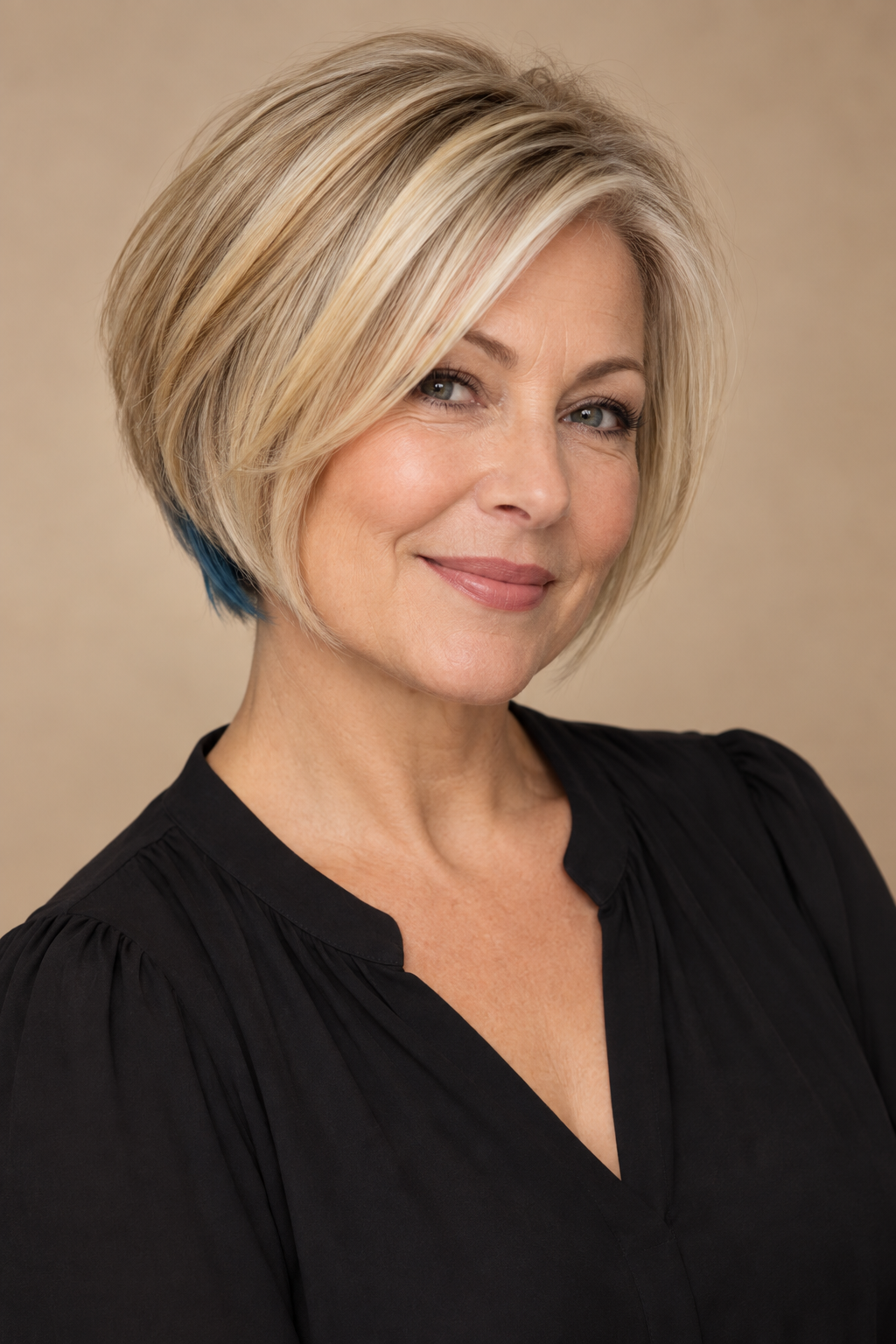 wavy bob with bangs: blonde stacked bob with hidden blue undercut