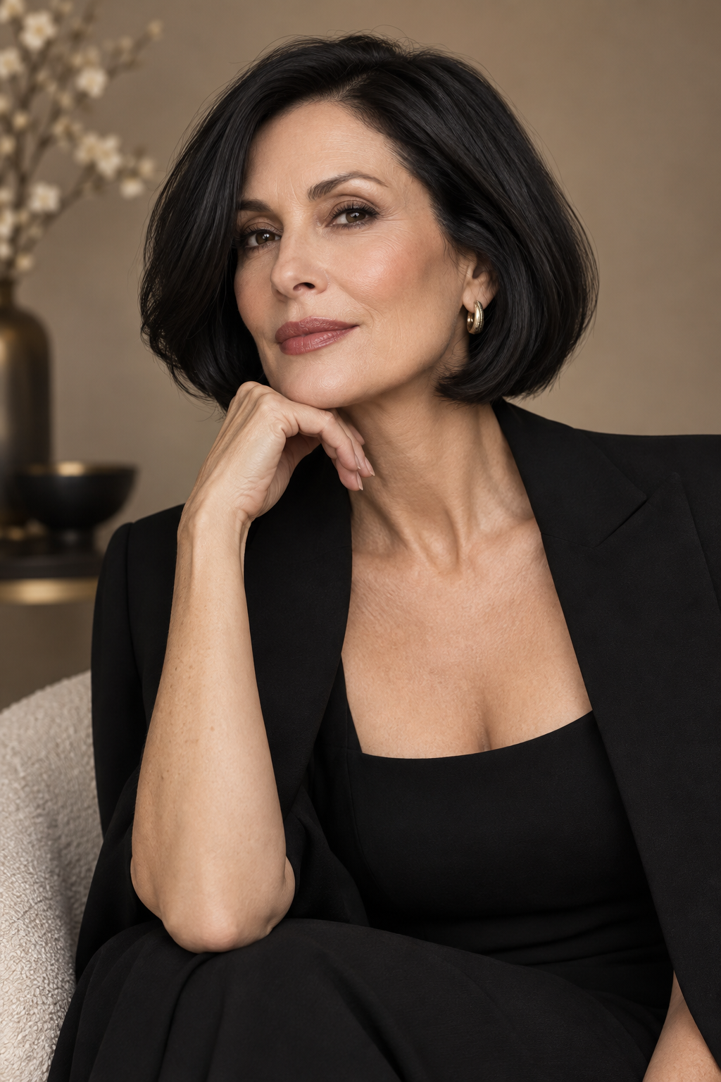 wavy bob with bangs: sleek black bob with curled under layers