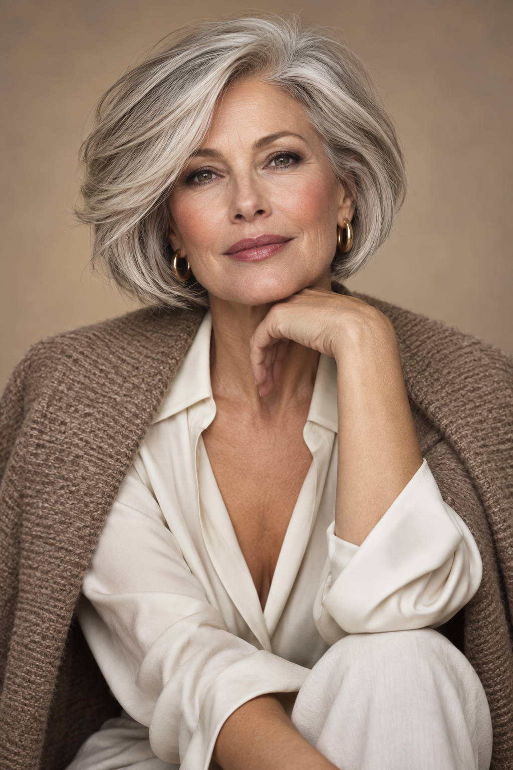 wavy bob with bangs: soft silver stacked bob with swept volume