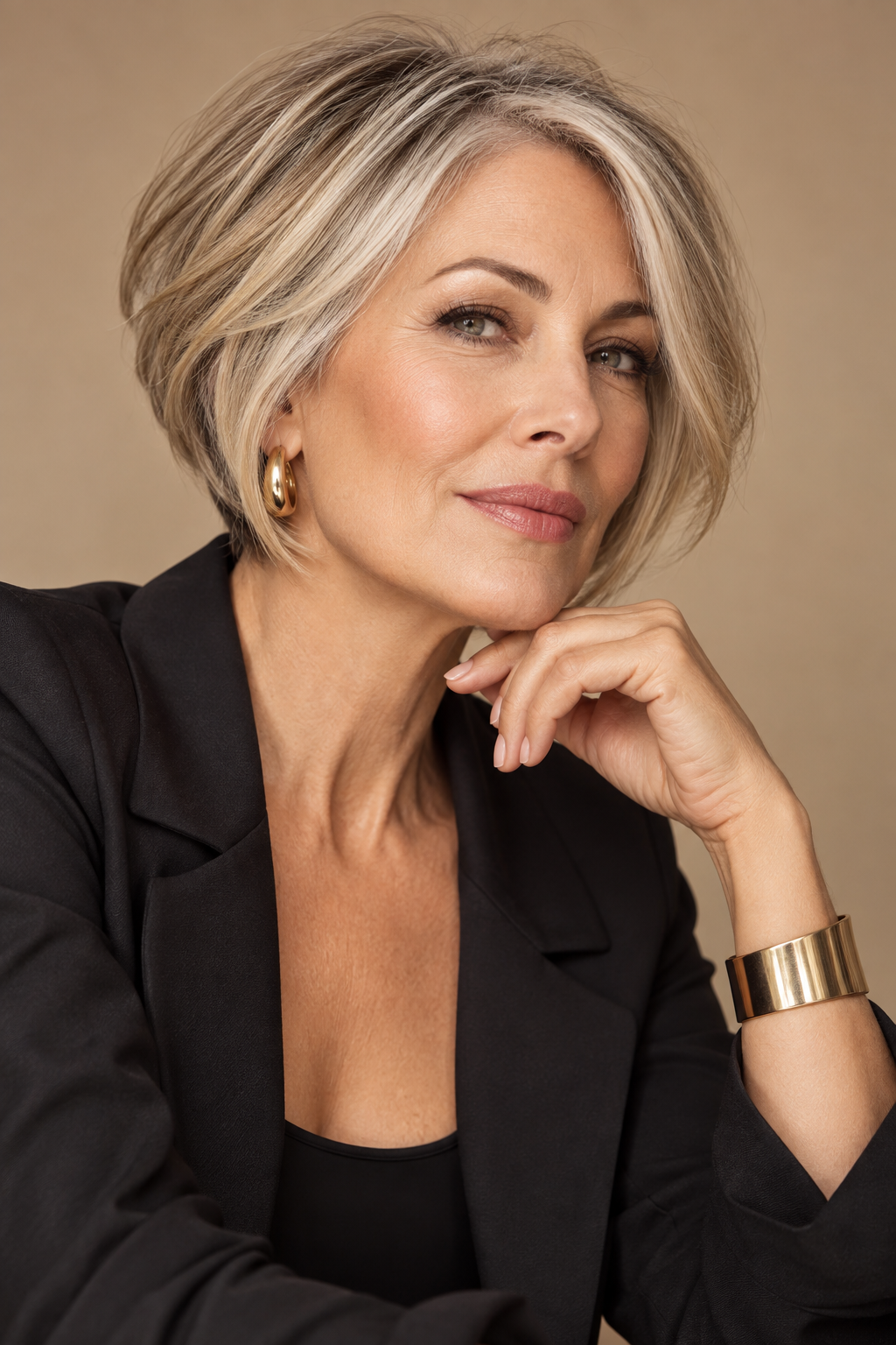 short stacked bob haircuts for women over 50: angled short stacked bob with soft layers