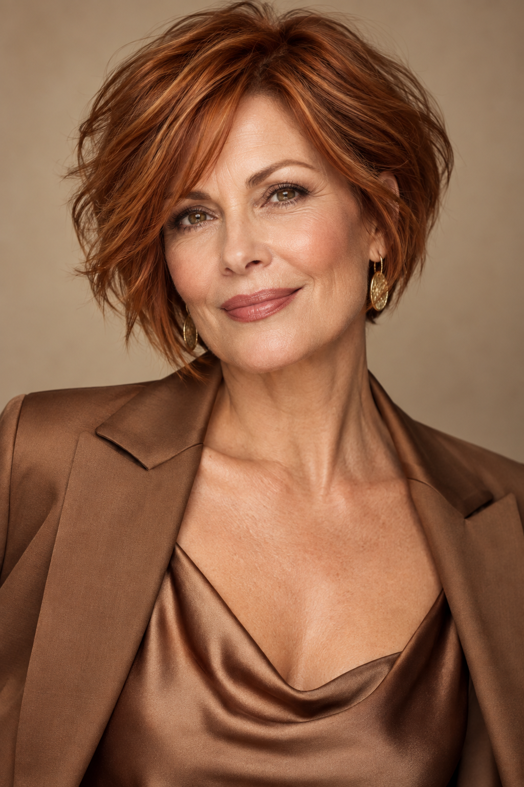 short stacked bob haircuts for women over 50: tousled copper stacked bob