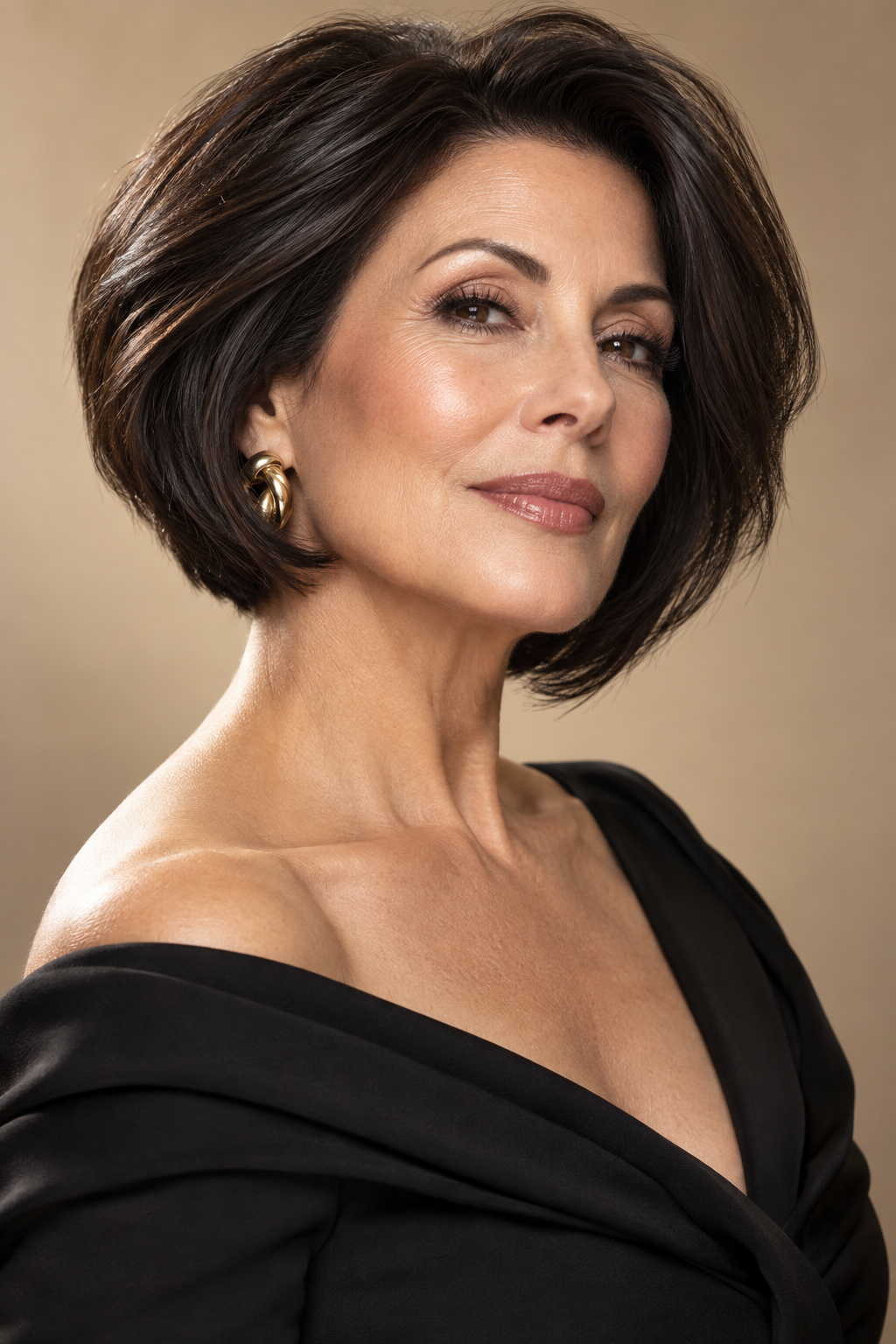 short stacked bob haircuts for women over 50: glossy dark stacked bob with drama