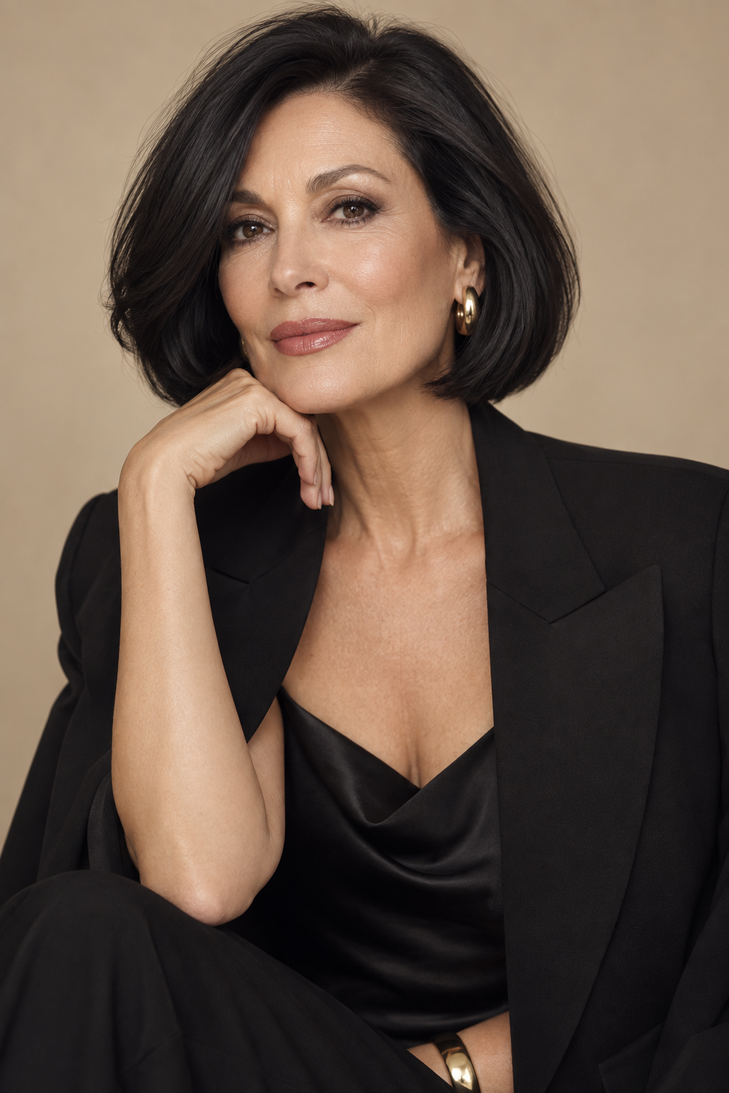 short stacked bob haircuts for women over 50: sleek black bob with curled under layers