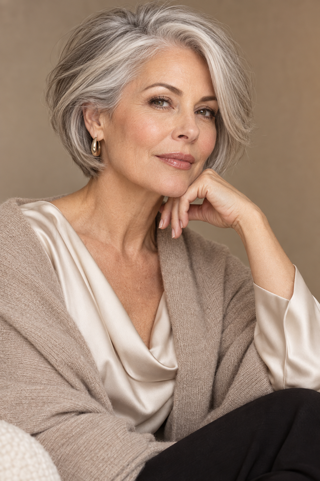 short stacked bob haircuts for women over 50: soft silver stacked bob with swept volume