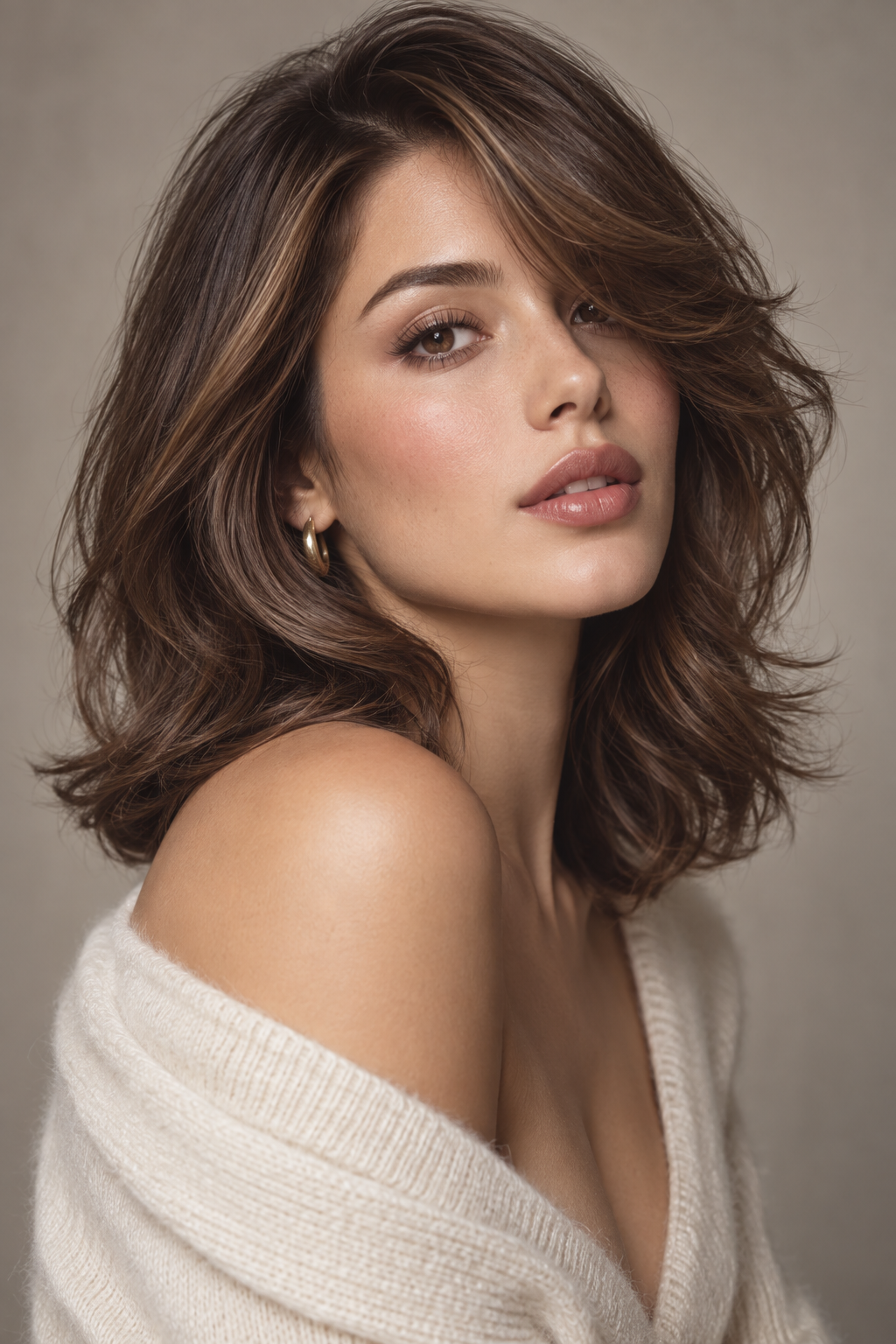 haircuts for round faces: shoulder-length layers with side bangs