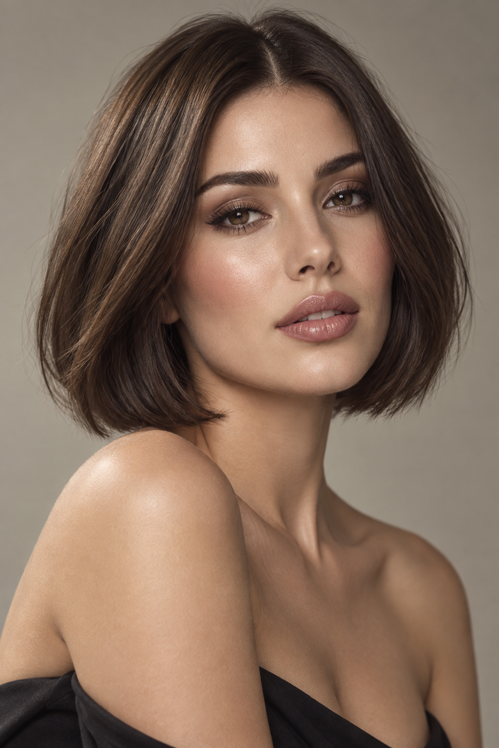 haircuts for round faces: chin-length middle-part bob