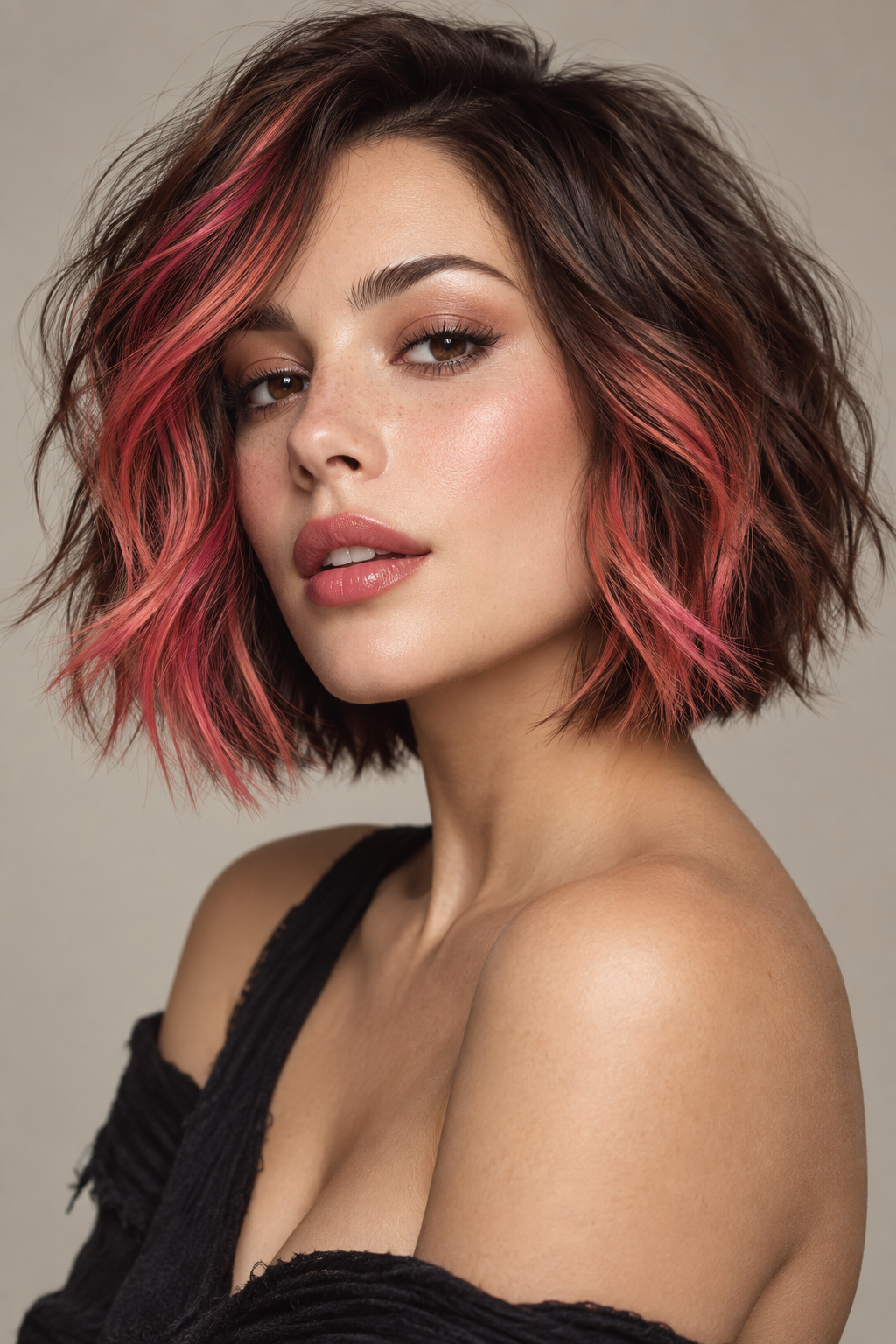 haircuts for round faces: textured bob with a pop of color