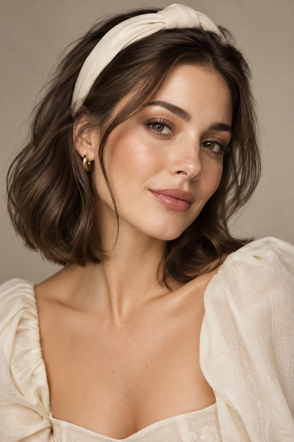 haircuts for round faces: shoulder-length cut with a headband