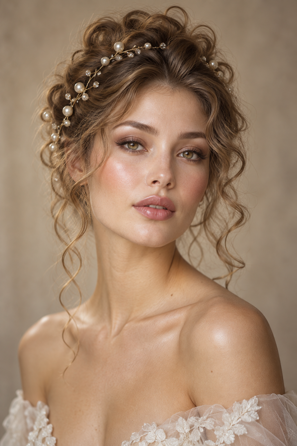 mother of the groom short hairstyles soft curly updo with a delicate pearl hair vine