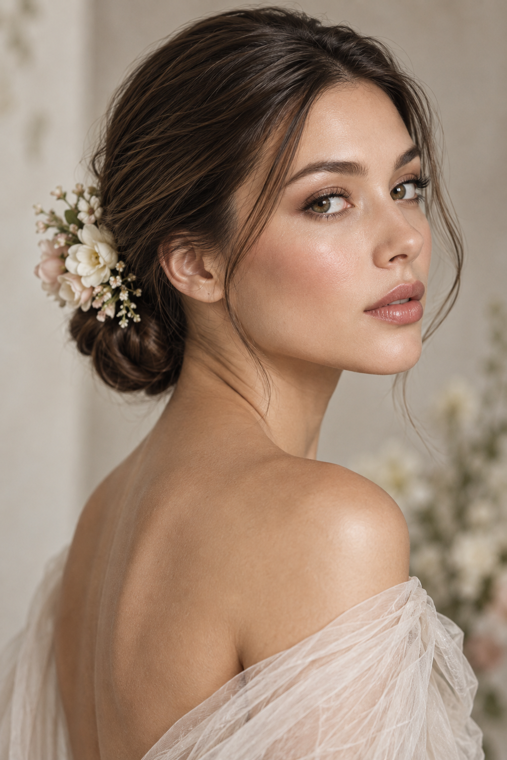 mother of the groom short hairstyles sleek low bun with a soft floral detail